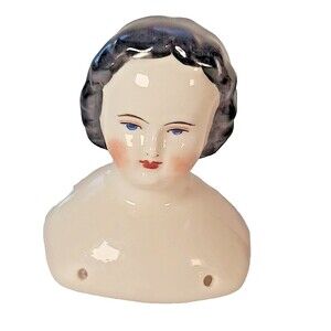 Porcelain Doll Bust Head & Shoulders Plate Black Hair Blue Eyes 3.5"  Vintage